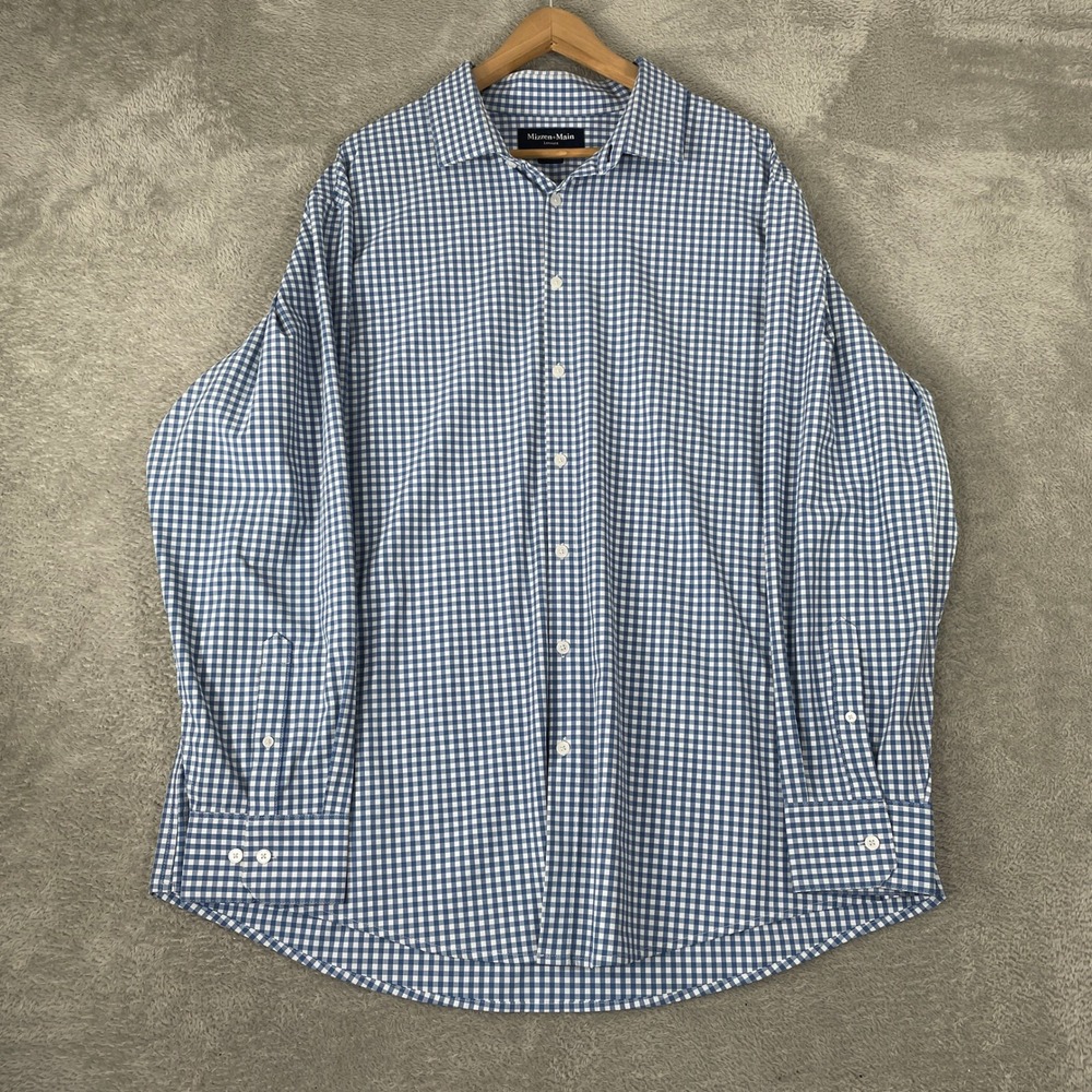 Mizzen+Main Leeward Shirt Mens 2XL Blue Gingham Performance Stretch Classic Fit